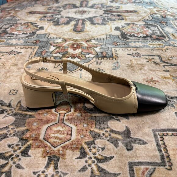 Sam Edelman Tarra Sling Back Cap Toe Pump Tan and Black Kitten Heel Holiday W 8 - Picture 9 of 15